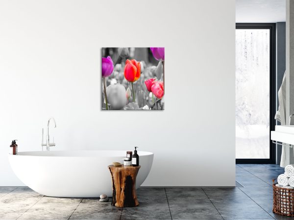 Bunte holländische Tulpen Nahaufnahme B&W Detail, Glasbild Quadratisch Schn?ppchen – Bild 4